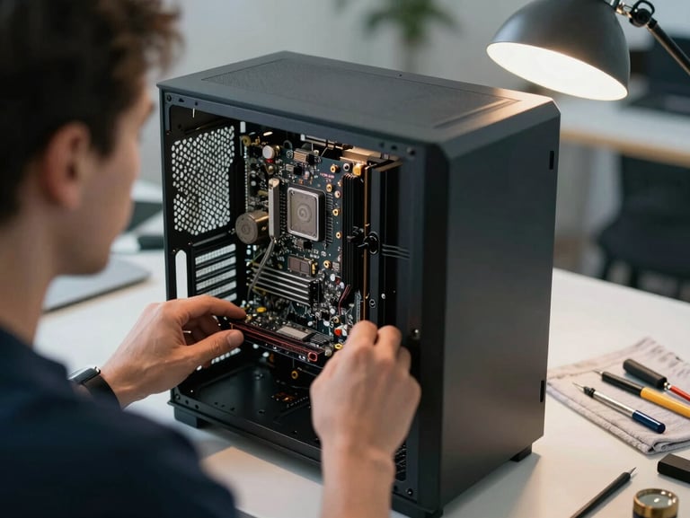 Over-the-shoulder close-up of a technician seated at a workbench examining an open desktop computer case, task lamp casting cool daylight across the motherboard, tools laid out on a cloth to the right, hands steady on the chassis