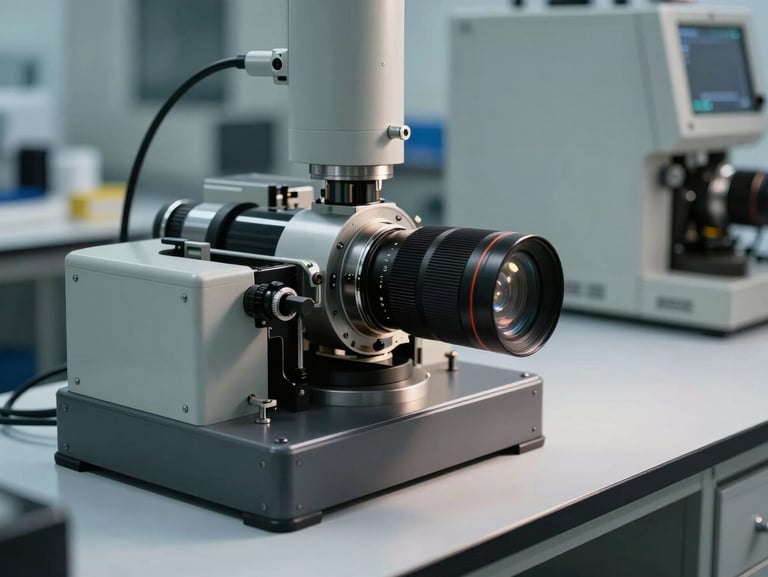 Equipamento técnico de precisão sobre uma bancada limpa, com foco nítido e iluminação de laboratório, transmitindo segurança e controle técnico.