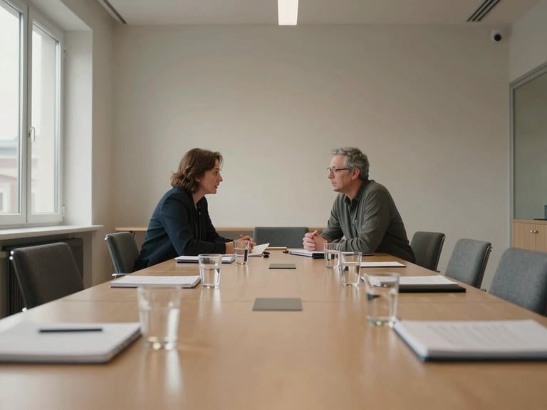 Wide shot of a spare Scandinavian-style meeting room, two people in conversation at the far end of a long table, notebooks and water glasses in the foreground, soft north-facing window light, muted warm tones