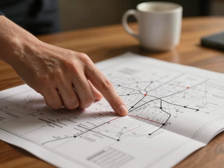 Close-up of a hand pressing a finger onto a printed process map spread across a conference table, warm tungsten light from above, shallow depth of field, a coffee mug blurred in the background