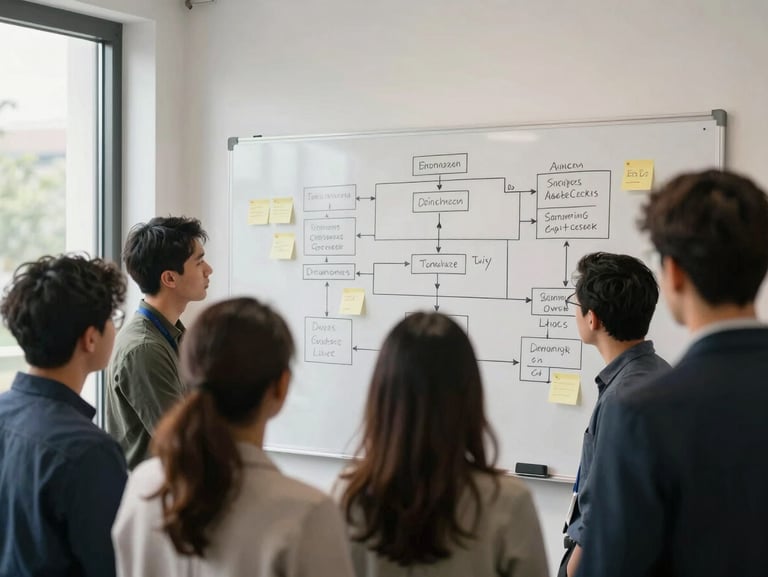 Medium environmental shot of a small team gathered around a whiteboard covered in flow diagrams and sticky notes, natural daylight from a window to the left, people seen from the shoulders back, no posed expressions