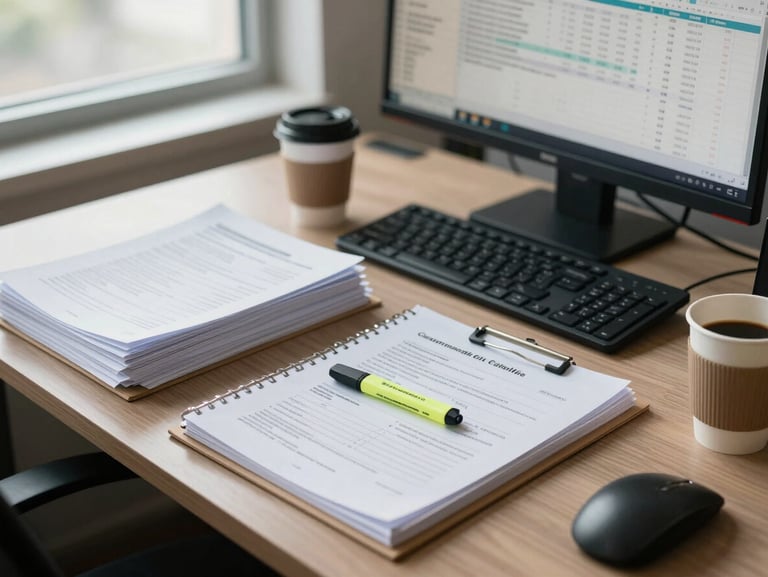 Wide desk workspace shot from above under office window daylight — stacks of government program documentation, a highlighter resting on an open binder, a coffee cup at the edge, and a monitor displaying a spreadsheet in the background. Calm, organised, task-oriented. No people visible.