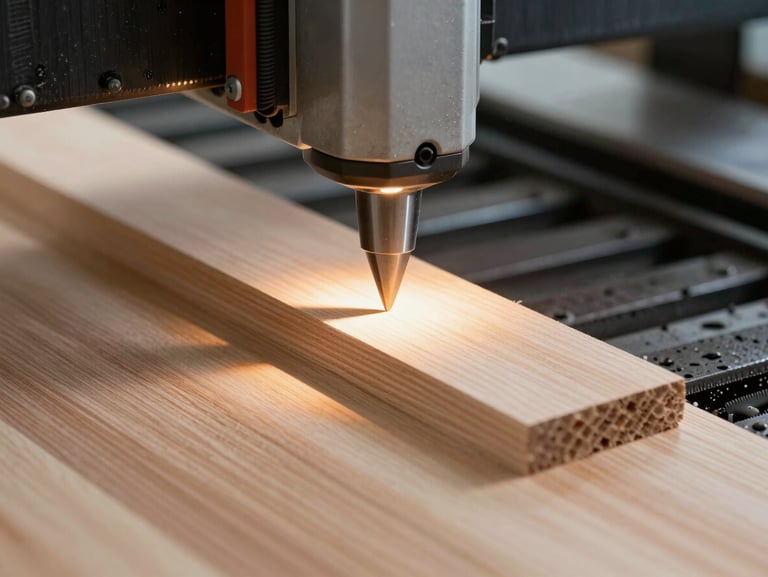 Cận cảnh đầu máy cắt CNC công nghiệp đang gia công chính xác trên tấm gỗ sồi ấm, phôi gỗ mịn màng, ánh sáng tập trung vào mũi cắt kỹ thuật.