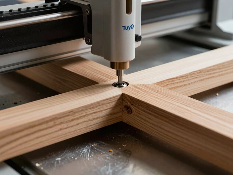 Chi tiết cận cảnh mối nối mộng gỗ sồi tự nhiên được gia công chính xác bằng máy CNC tại xưởng TuyO Home, ánh sáng tập trung.