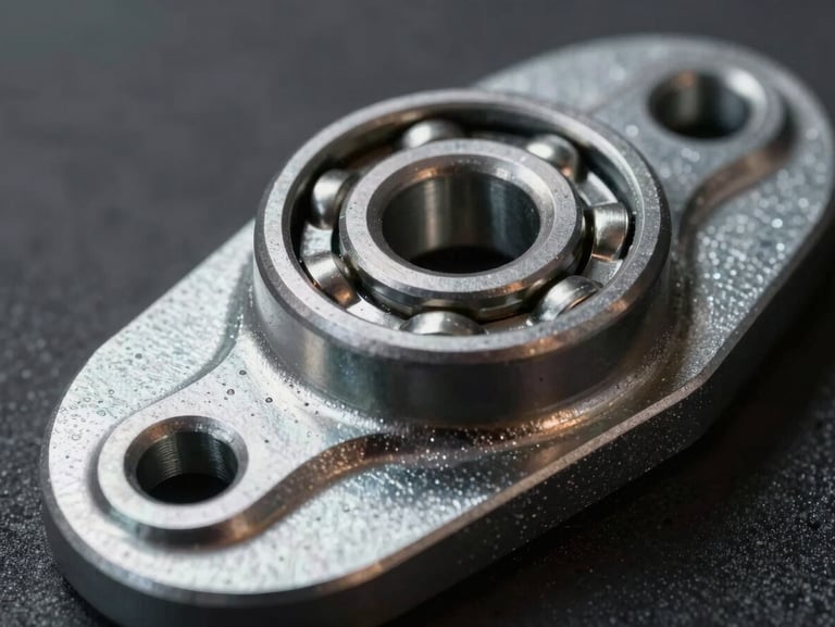 Macro detail shot of a zinc-plated steel caster mounting plate, showing the double-ball bearing swivel raceway, dramatic side-lighting, high-contrast metal textures.