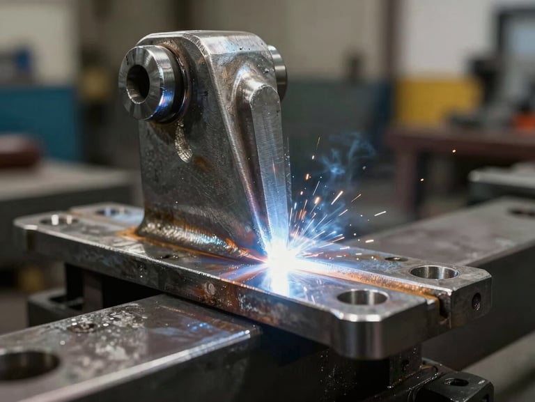 Close-up of clean weld on a heavy-duty steel caster mounting plate, industrial fabrication workshop background, high-contrast side-lighting emphasizing metallic texture.