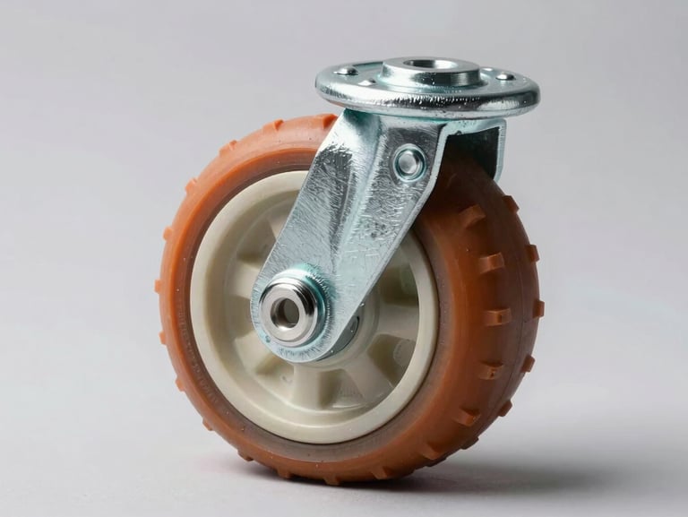 Close-up of a medium-duty industrial caster wheel with orange polyurethane tread and zinc-plated mounting plate, dramatic side lighting, isolated on light grey background.