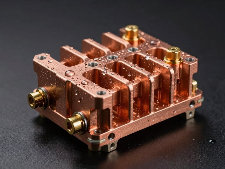 Macro shot of a copper liquid cooling block with gold fittings, water droplets, sharp studio lighting, dark background
