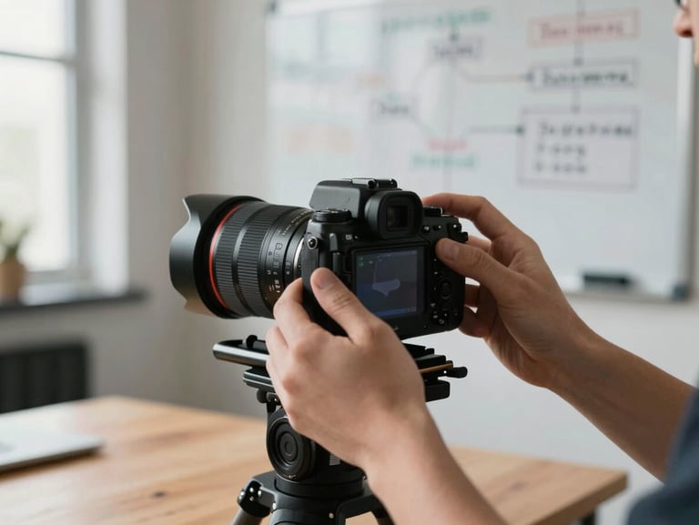 Close-up shot of hands adjusting a professional camera rig on a wooden desk, in the background a blurred whiteboard with marketing flowcharts, natural diffused window light.