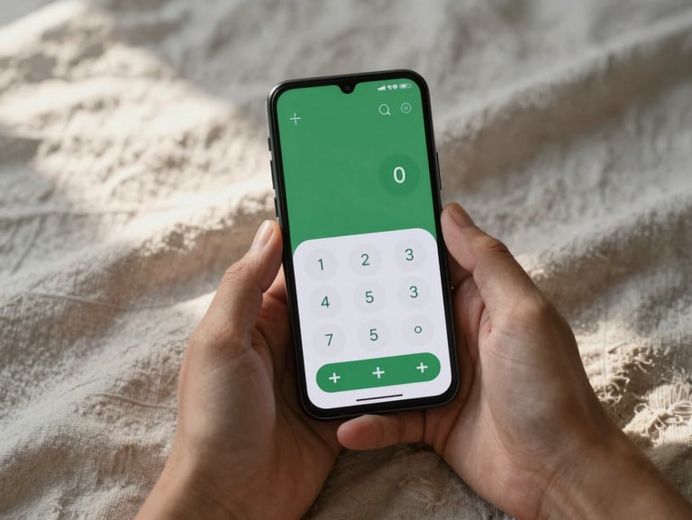 Top-down view of hands holding a sleek Android phone displaying a minimalist calculator interface with forest green accents. Soft morning light filters across linen sheets in the background.