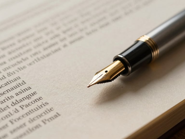 A tight macro shot of a gold-nibbed fountain pen resting on thick, textured academic report paper, warm side-lighting highlighting the paper's grain, shallow depth of field, quiet luxury consulting aesthetic.