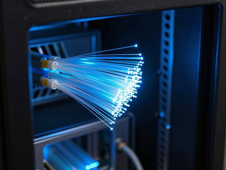Macro photograph of fiber optic cables glowing with cool blue light inside a dark server enclosure, precise focus