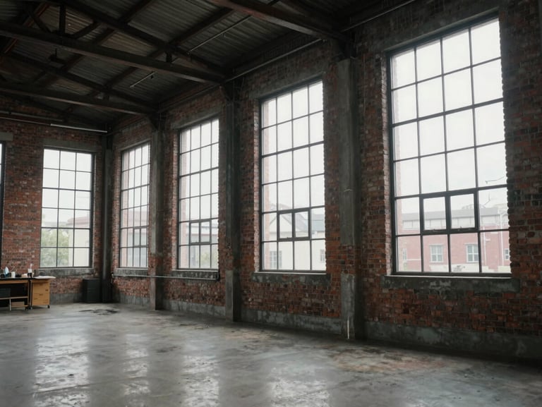 Cinematic, eye-level shot of an industrial warehouse converted into a creative studio, raw brickwork, steel-framed windows, diffuse overcast daylight.