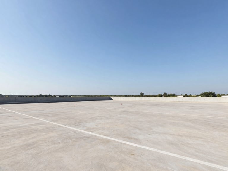 Wide-angle architectural shot of an open, flat land parcel with clear boundary markers under a bright midday sky, natural colors, sharp focus.