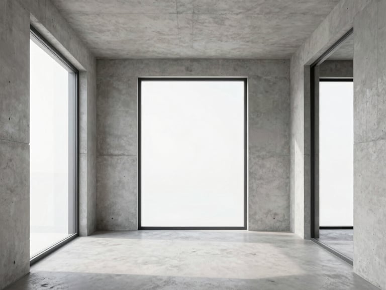 Minimalist concrete apartment interior, large windows with unfiltered light, raw plaster walls, high-end editorial photography, 35mm