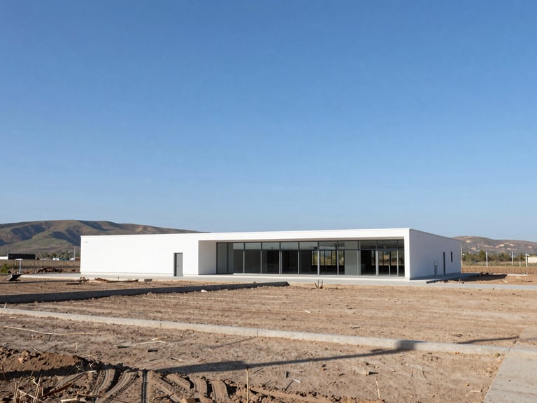 A clean surveyed plot of land under a clear blue sky, distant low hills, sharp focus, architectural environmental photography
