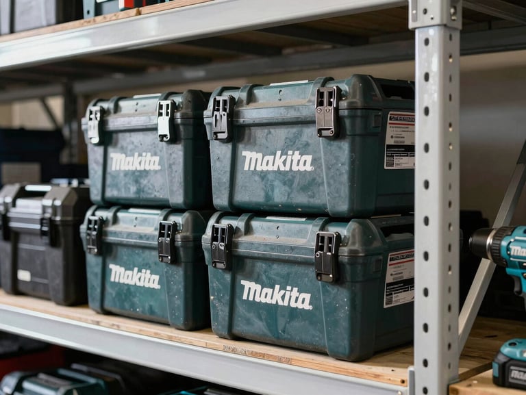 Straight-on shot of stacked Makita power tool boxes and genuine industrial hardware on a clean warehouse shelf, bright daylight, high contrast.