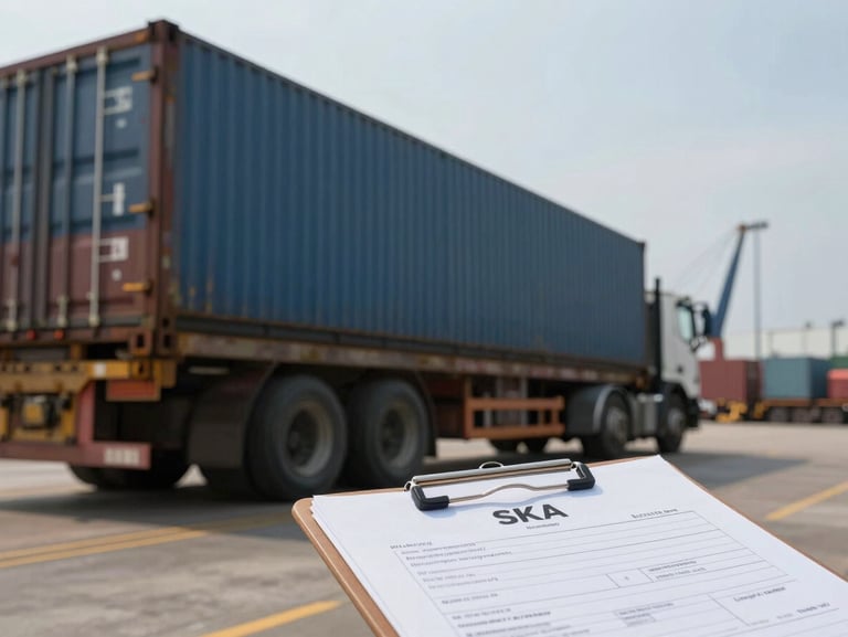 Wide shot of cargo being loaded at Makassar port with SKA permit paperwork visible in the foreground on a clipboard, midday natural light