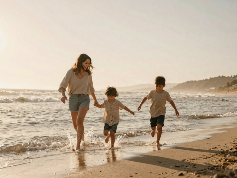 Energetic candid shot of a family with two small kids running on a beach at golden hour, soft water splashes, warm-toned