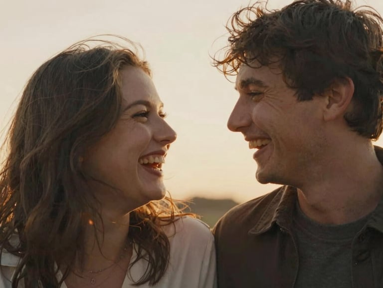 Candid close-up of a couple laughing together under warm sunset light, wind-blown hair, intimate 35mm film aesthetic