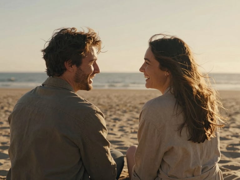 A couple sharing a quiet laugh on a sun-drenched beach, wind-blown hair, warm cinematic tones, shallow depth of field