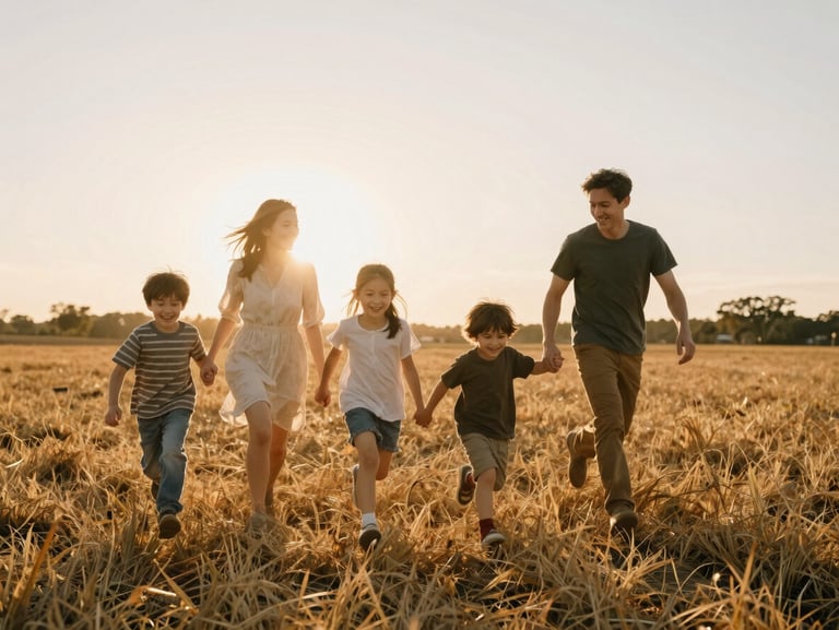 A young family running through a golden-hour field, kids laughing naturally, warm sun flare, candid 35mm film style