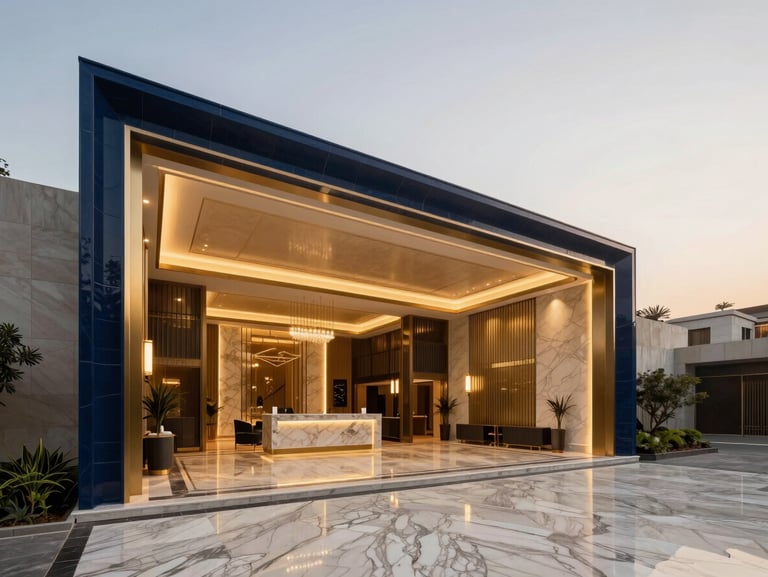 Elegant modern luxury residential lobby in Gurgaon, warm champagne gold and deep navy tones, high-end marble floors, architectural lighting.