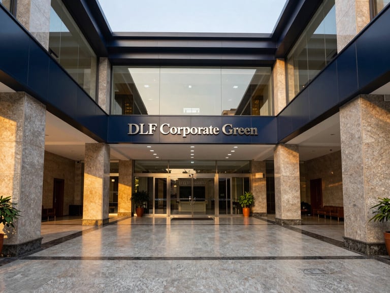 Symmetrical wide-angle shot of a premium corporate office lobby in DLF Corporate Green, Gurgaon, polished granite, clean lines, professional atmosphere.