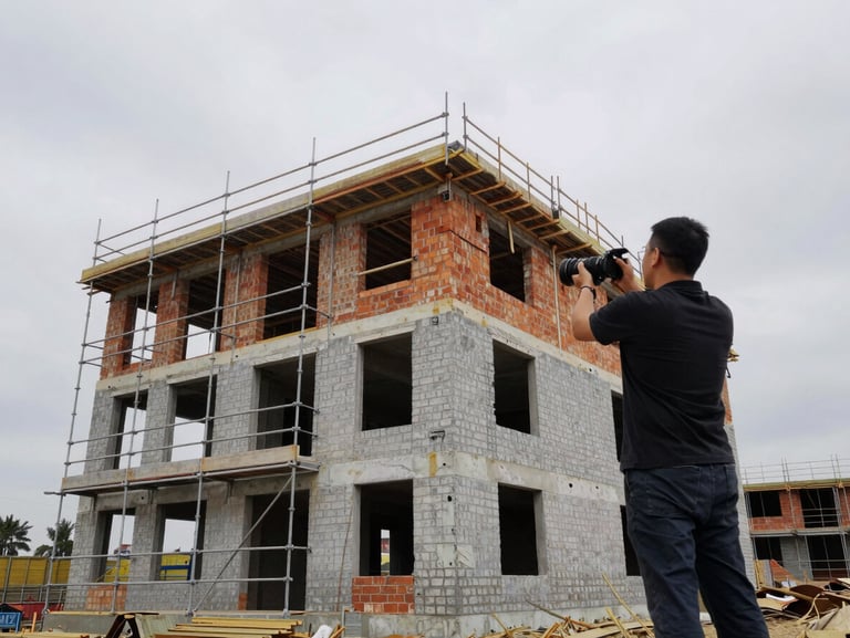 Wide shot of a valuer photographing a mid-construction residential building frame from ground level, scaffolding and exposed brick visible, overcast natural daylight