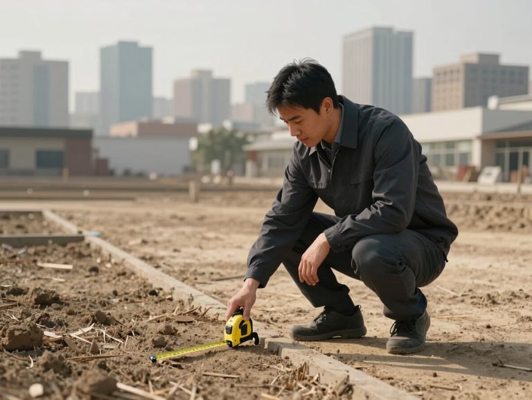 Valuer crouching at the corner of a commercial plot boundary, measuring tape extended across dry earth, urban skyline softly out of focus in the background, afternoon daylight