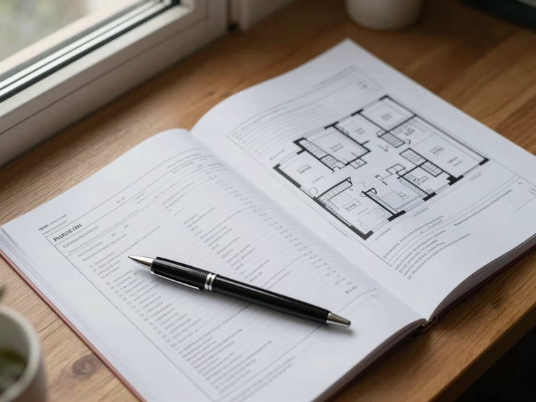 Overhead view of a printed valuation report spread open on a wooden desk alongside a site floor plan, natural window light from the left, a pen resting across the pages