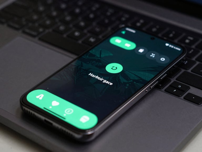 Close-up macro shot of an Android smartphone screen displaying a sleek dark-mode game interface with vibrant mint-green UI highlights, resting on a clean black developer terminal background.