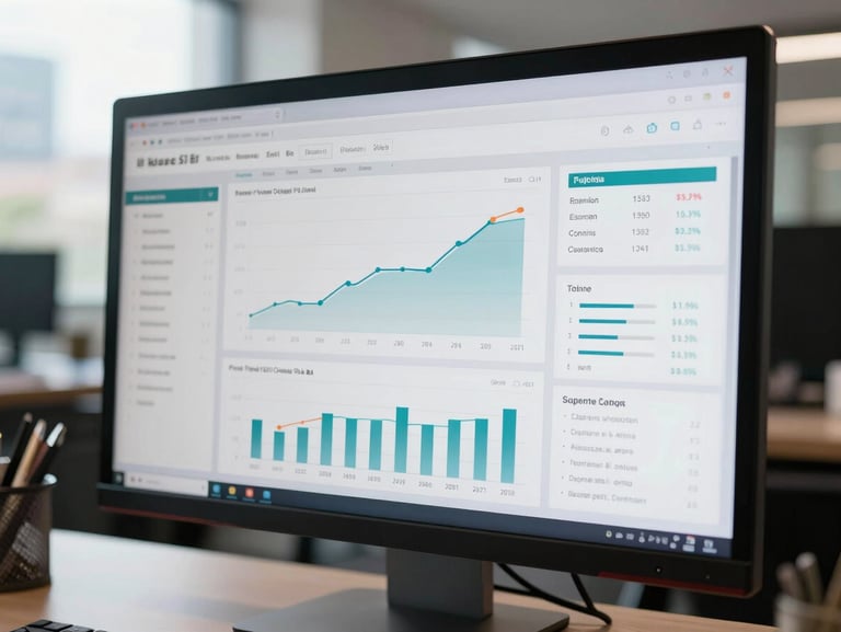 Tight close-up shot of a clean, high-fidelity Power BI dashboard displaying financial KPIs on a modern computer monitor, natural office daylight, soft focus on a Bogotá office background.