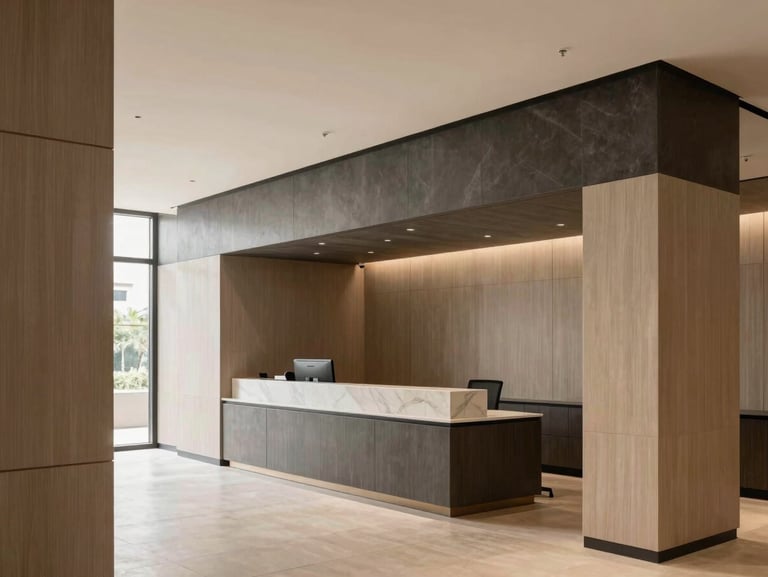 Environmental architectural shot of a premium corporate workspace in Bangalore, clean architectural lines, custom joinery, diffused daylight, charcoal and beige tones, 35mm lens.
