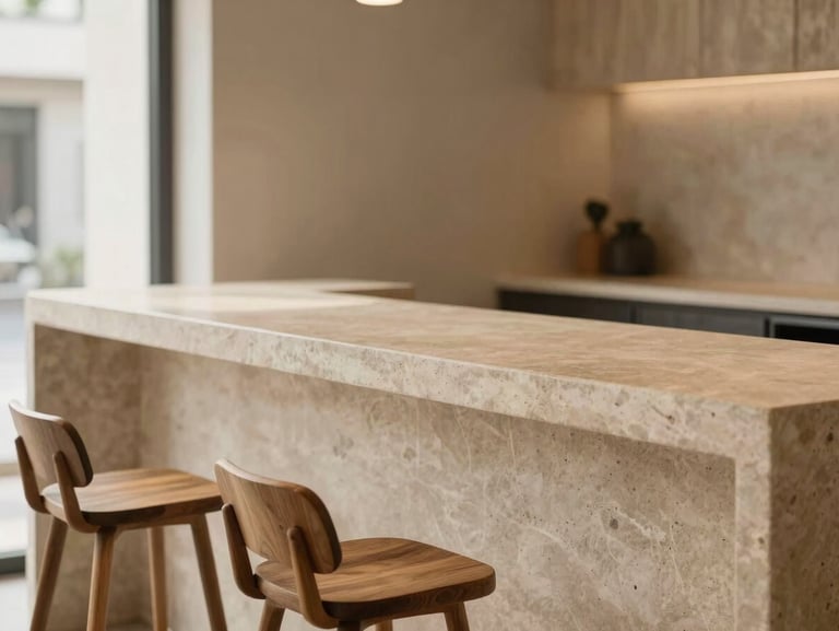 Architectural detail shot of a modern cafe interior in Mumbai, raw stone counter, custom oak stools, soft morning daylight, minimalist aesthetic, 35mm lens.