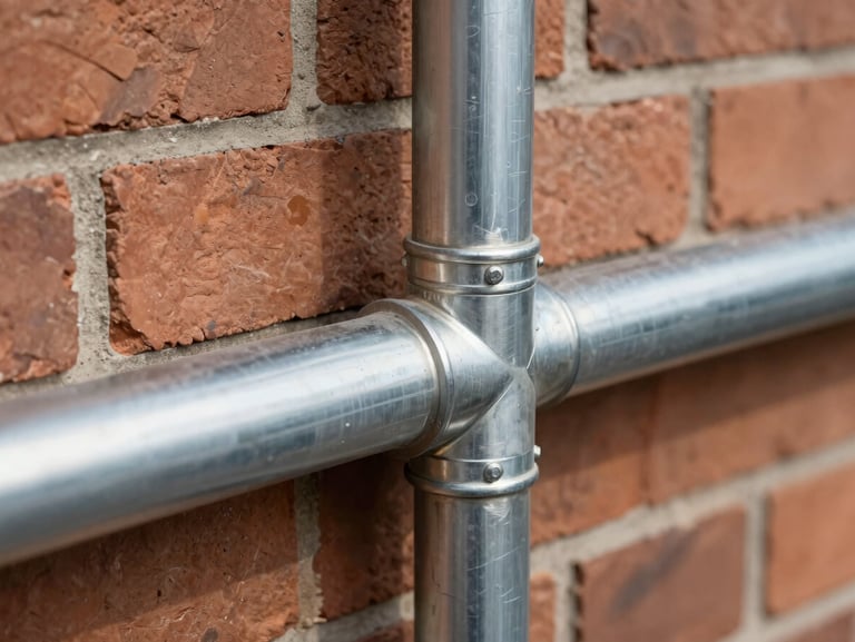 Macro detail of a clean metal conduit run mounted flush against an exposed brick wall, straight lines, sharp shadows