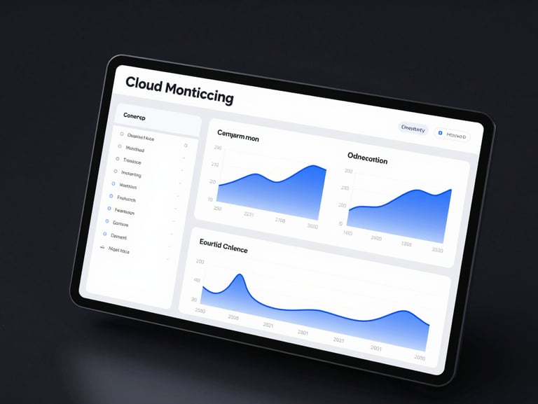 High-fidelity UI mockup of an enterprise cloud monitoring dashboard on a dark screen, showing clean data pipelines, performance graphs in blue and indigo, sharp typography, minimalist layout.