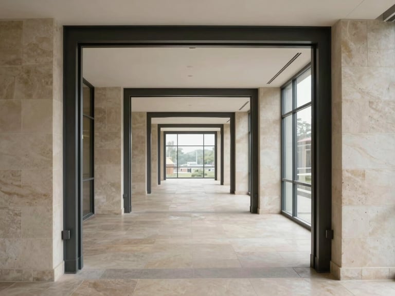 Wide environmental shot of a spare commercial hospitality interior, a long corridor of pale stone and dark steel framing receding toward a far window, diffused overcast daylight, no people, eye-level architectural perspective emphasising depth and spatial discipline
