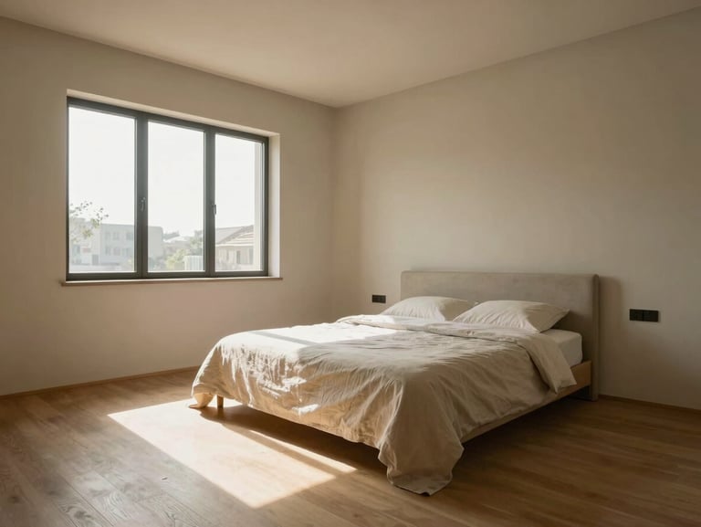 Wide architectural shot of a residential bedroom at rest, a made bed in pale linen against a wall of warm plaster, soft natural daylight from a side window casting a long diagonal shadow across the floor, room empty and waiting, eye-level framing showing proportion and quiet volume