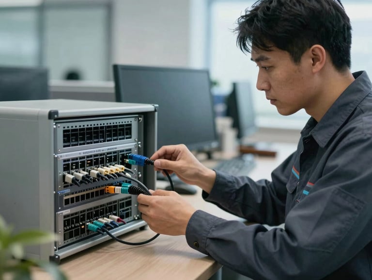 A field engineer in a technical uniform configuring an enterprise network switch with a console cable, natural cool office light.