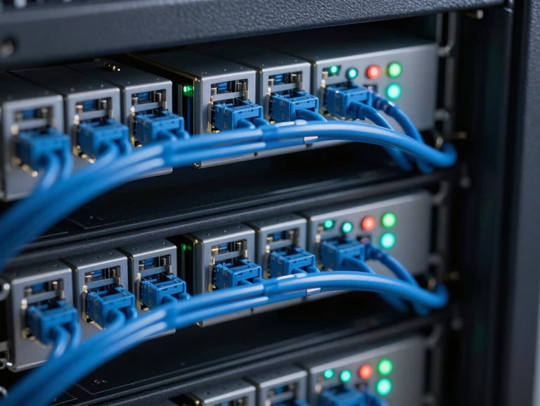 Macro shot of clean server rack cabling with high-visibility blue ethernet runs and glowing status indicators