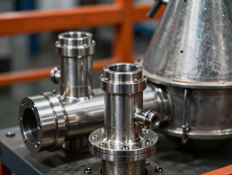 Macro shot of stainless steel pneumatic transport joints and dust collection hoods, dramatic factory lighting