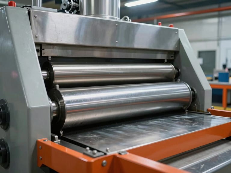 Close-up of industrial wheat milling machinery, steel rollers, clean factory environment, technical editorial lighting