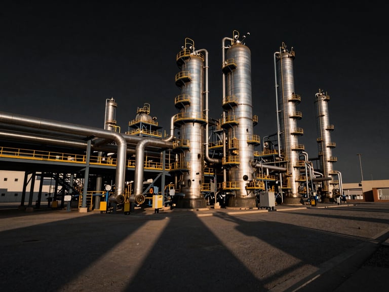 Ultra-wide cinematic shot of a massive modern industrial refinery in Abu Dhabi, geometric steel pipes casting long sharp shadows at golden hour, deep black negative space.