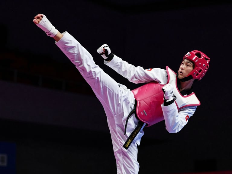 Taekwondo athlete executing a high kick, sharp action freeze-frame, dramatic key lighting, 35mm