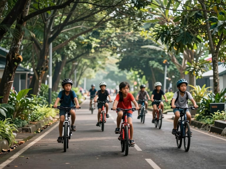 Taman hijau perumahan yang asri di pagi hari, anak-anak bersepeda di jalur pedestrian yang aman, dikelilingi pepohonan rindang.
