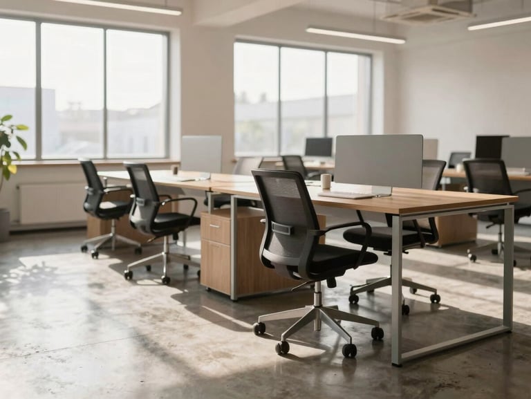 Clean modern office space with sunlit desks, polished concrete floor reflecting soft window light, professional setting
