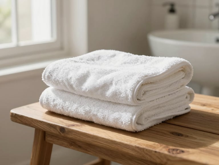 Crisp folded white towels on a wooden bench in a sunlit bathroom, airy atmosphere, warm neutral tones