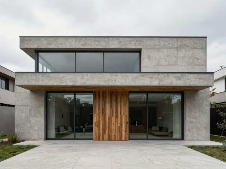 Straight-on architectural shot of a contemporary concrete villa, sharp lines, overcast daylight, 35mm lens