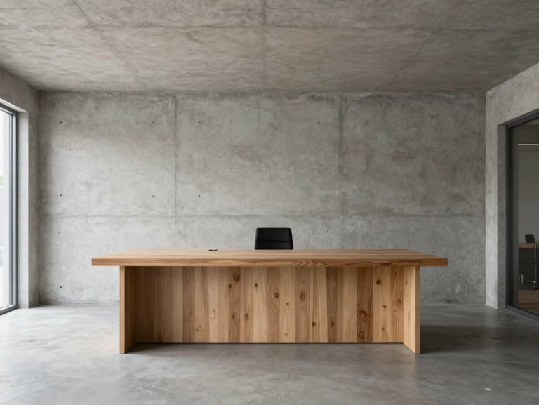 Interior wide-angle of a minimalist concrete and timber office space, natural light, sharp focus, 35mm lens